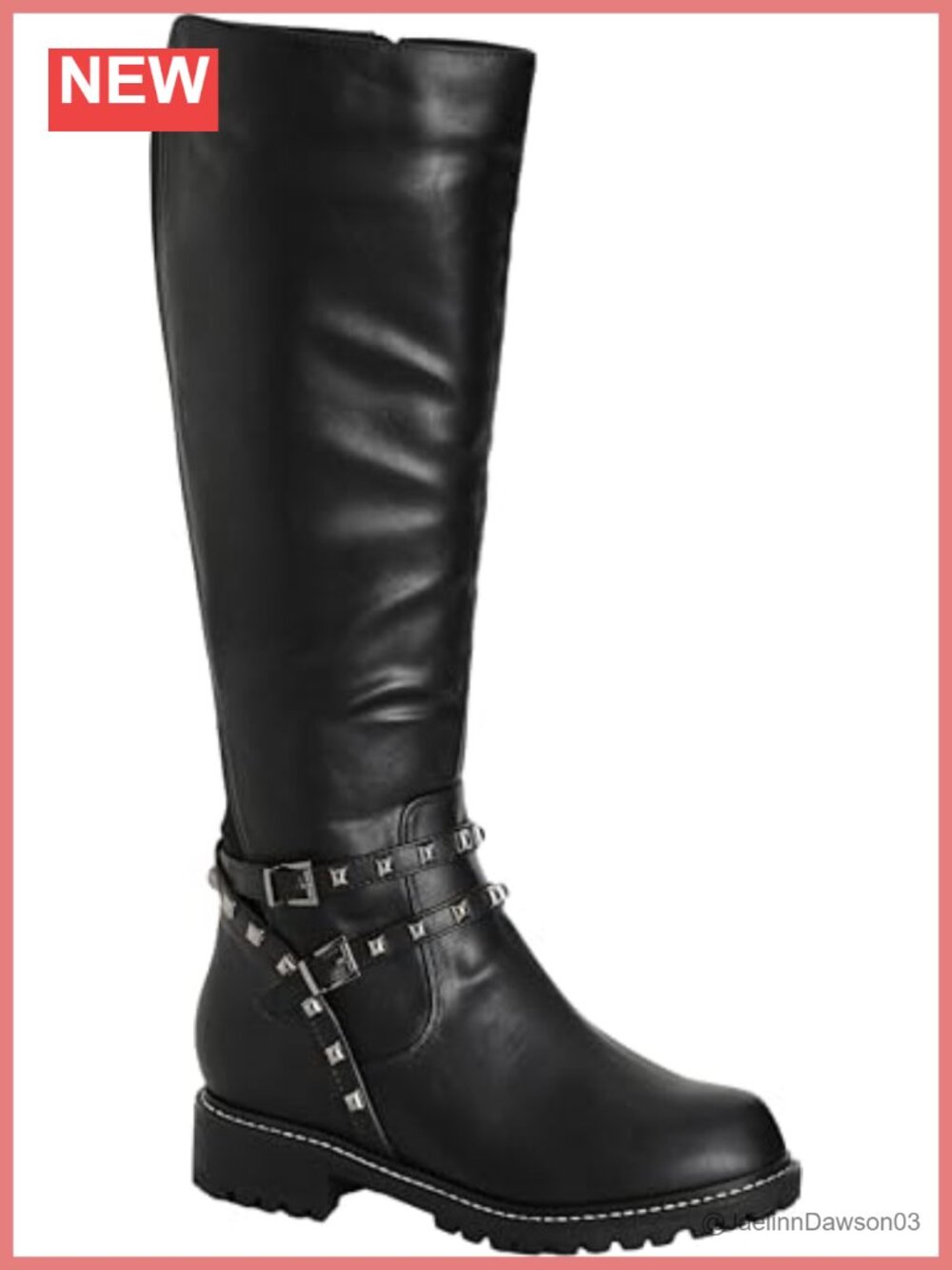 Wide Fit Biker Knee Boots Faux Leather Side Zip